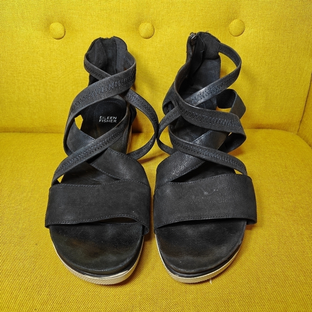 Eileen Fisher Women's Skill Strappy Platform Nubuck Black Sandal  Size 11